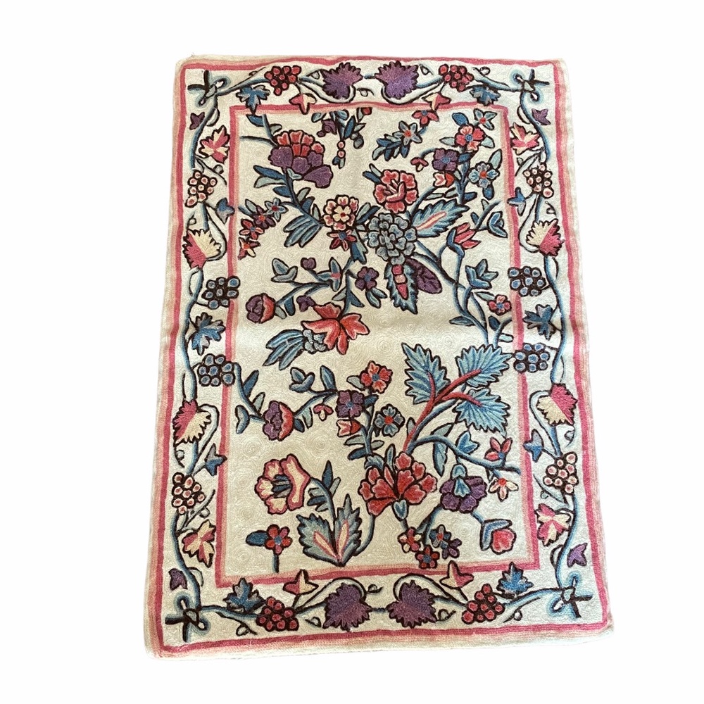 Wool Artisan Bohemian Boho Crewelwork Floral Embroidered Small Rug Cottagecore